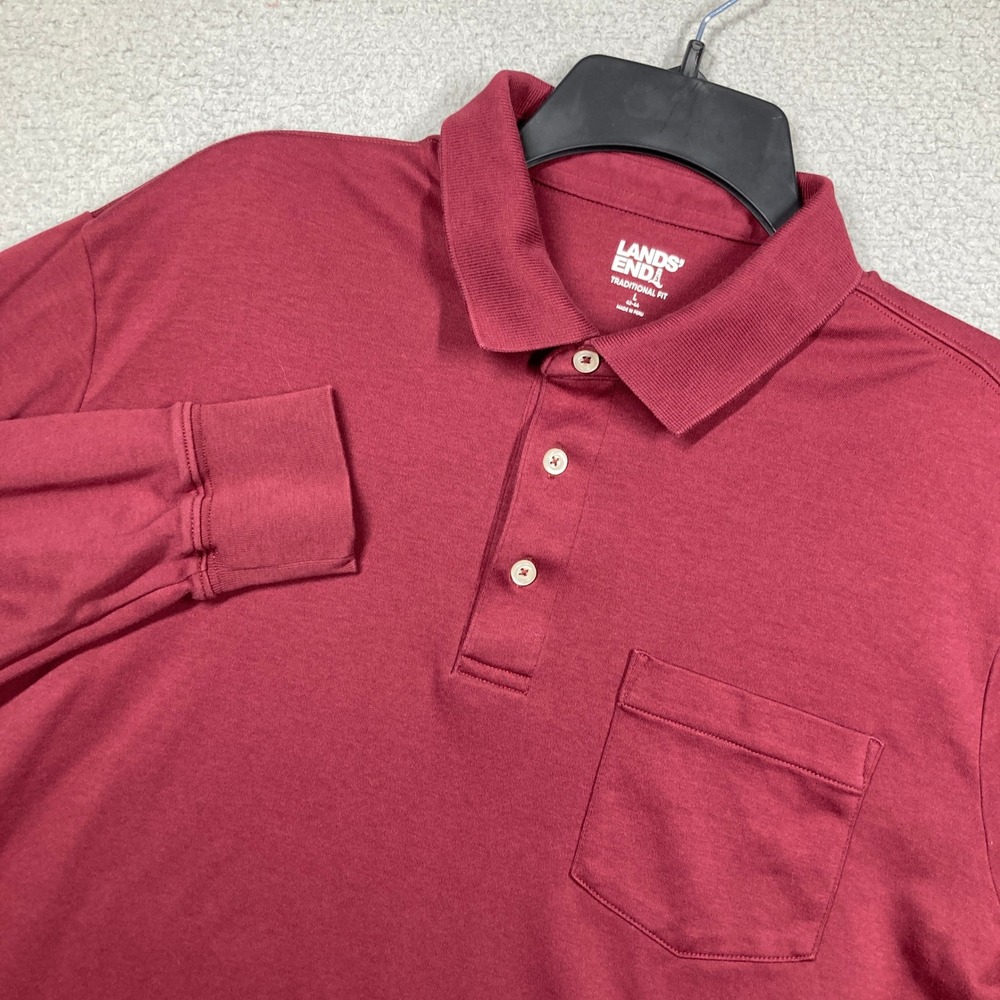Lands' End Polo Shirt Mens Large Burgundy Long Sleeve Traditional Fit Pocket